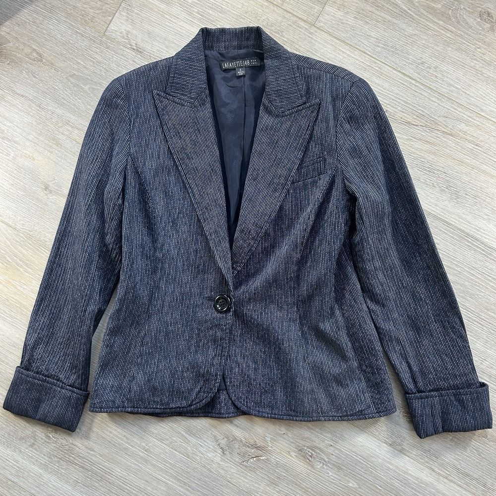 Lafayette 148 Women's Size 4 100% Virgin Wool Blazer Blue Silver Metallic Office